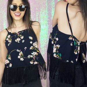 FRINGE CROP Floral Navy Silky Top